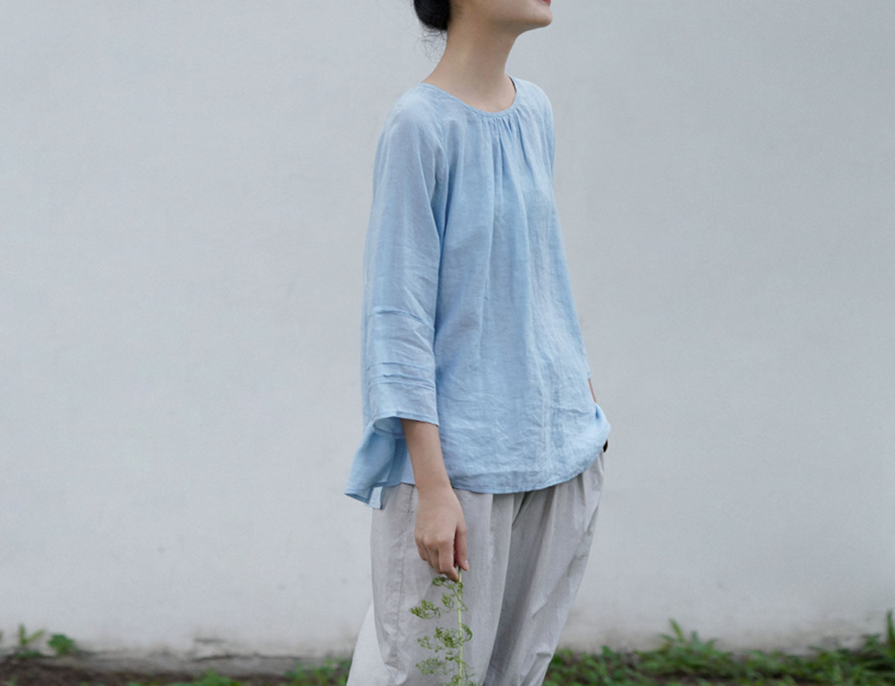 edoa Baby Blue Washed High Count Linen Blouse