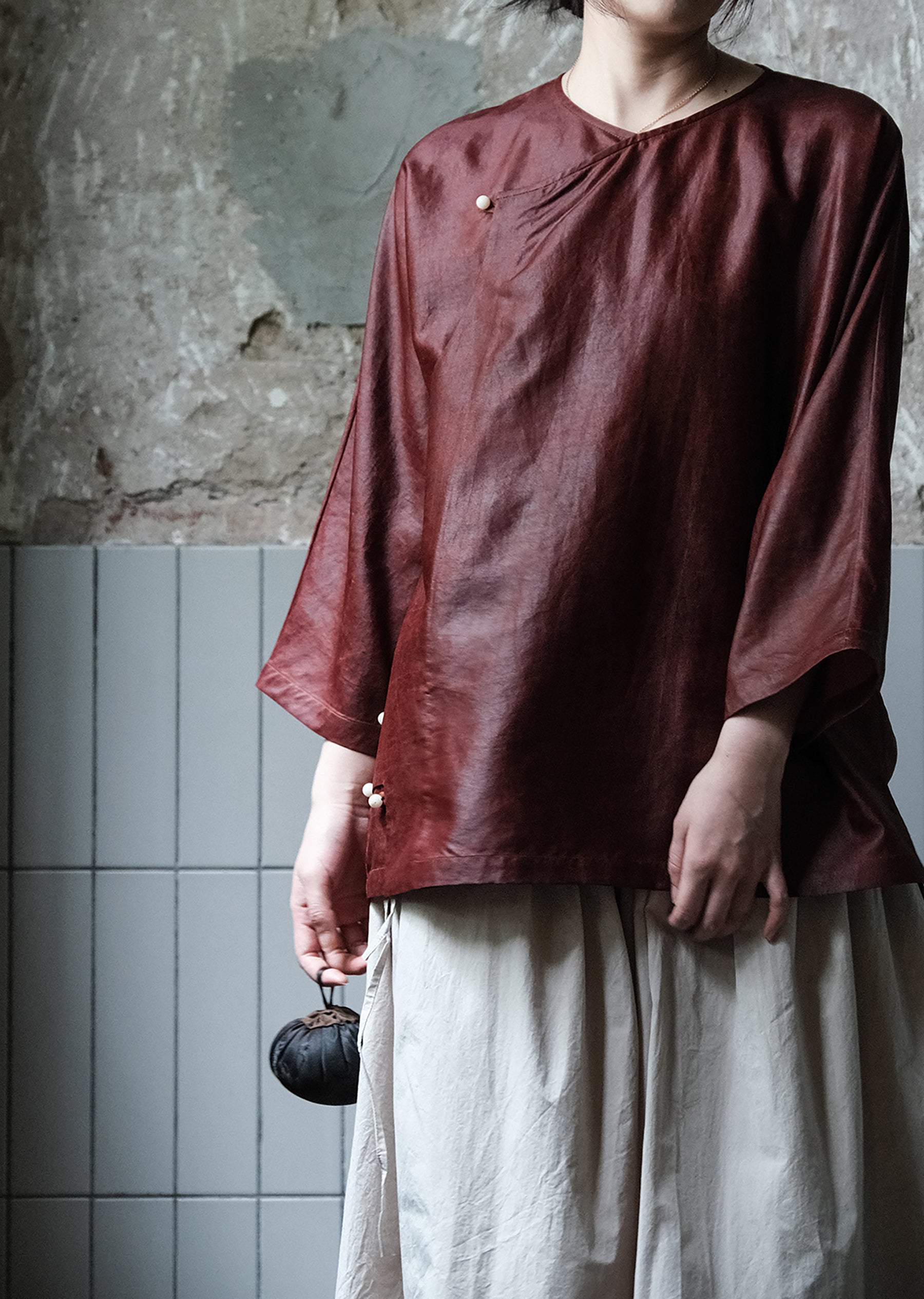 edoa Mud Silk 3/4 Sleeve Chinese Shirt