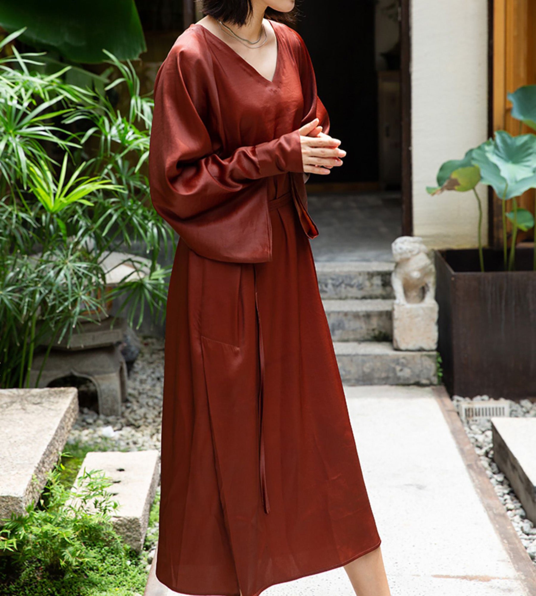 EDOA Mud Silk Satin V-Neck Kaftan Dress