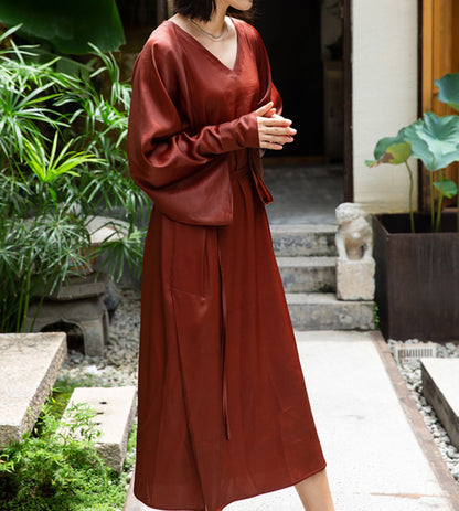 EDOA Mud Silk Satin V-Neck Kaftan Dress