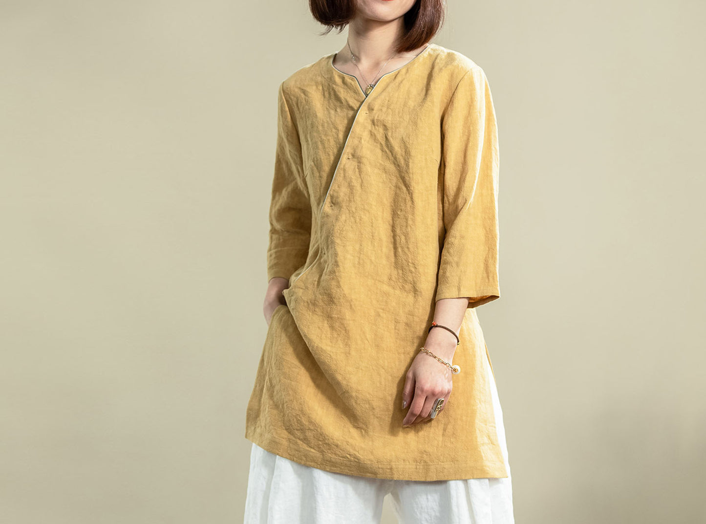 edoa Washed French Linen Qipao Top 