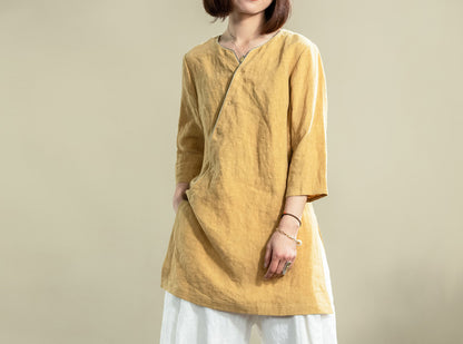 edoa Washed French Linen Qipao Top 