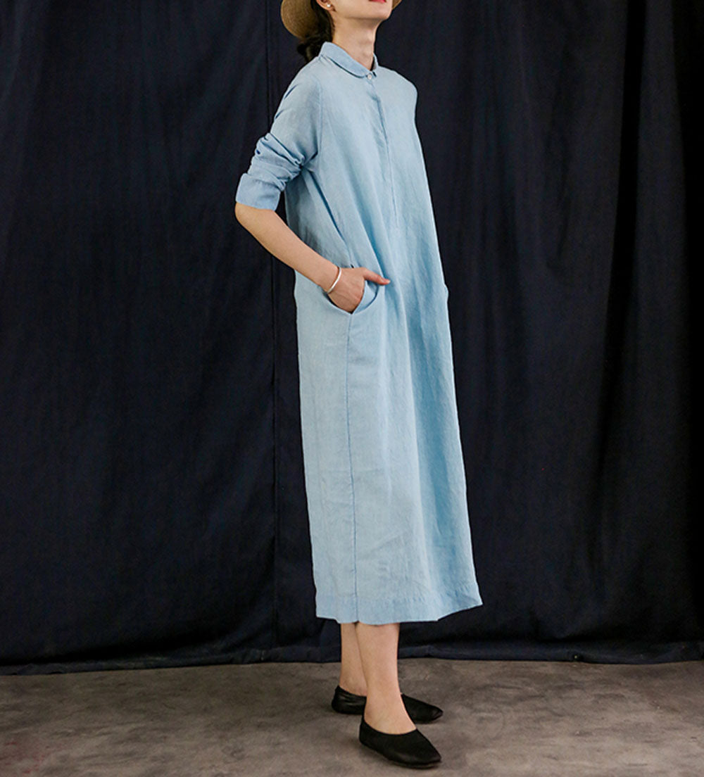 edoa Yarn Dyed Linen A Line Shirtdress