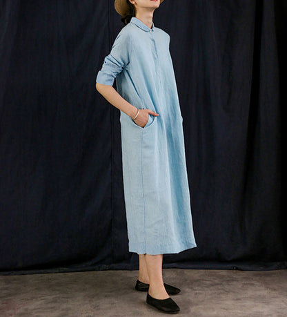 edoa Yarn Dyed Linen A Line Shirtdress