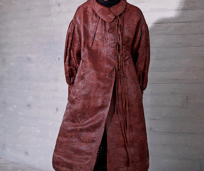 edoa Mud Silk Rayon Blend Jacquard Goose Down Long Coat 