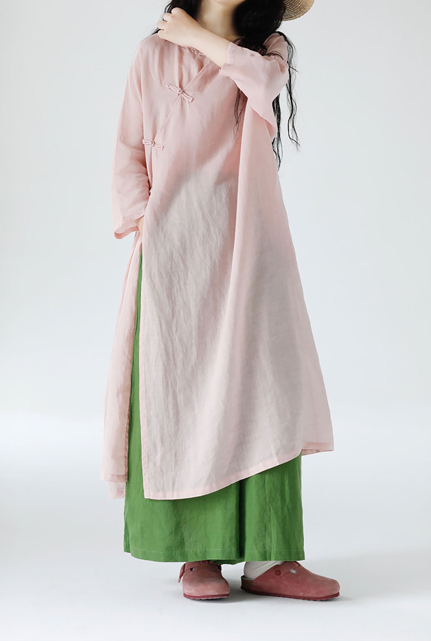edoa Loose New Chinese Style Pink Ramie Bracelet Sleeve Cheongsam Dress