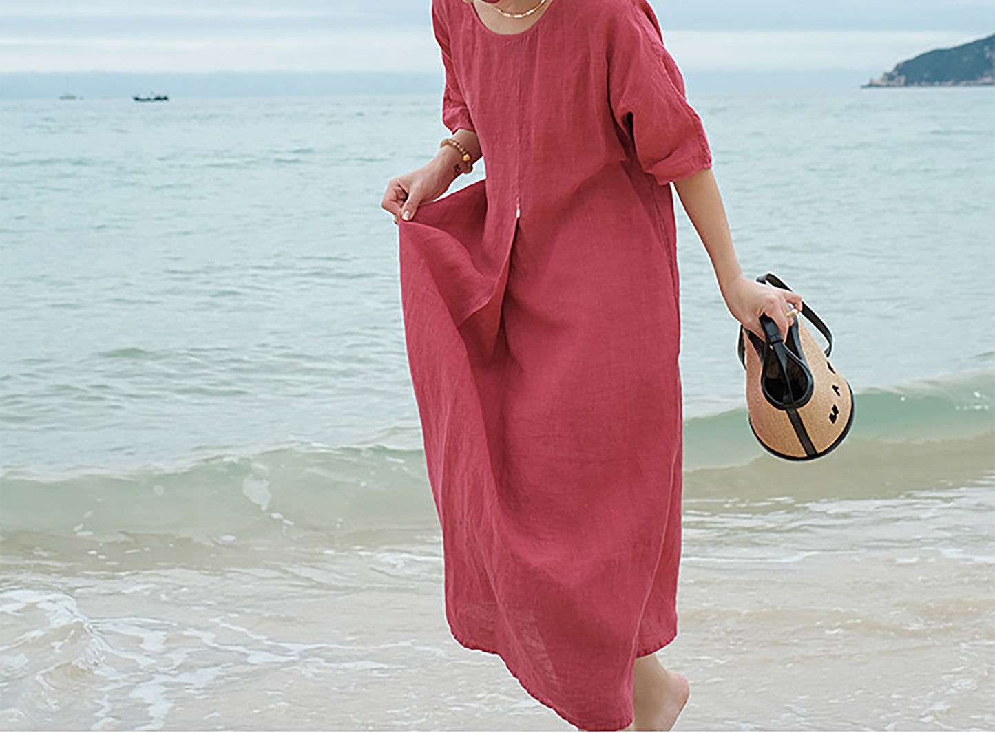 edoa French Linen Pleated Maxi Dress 