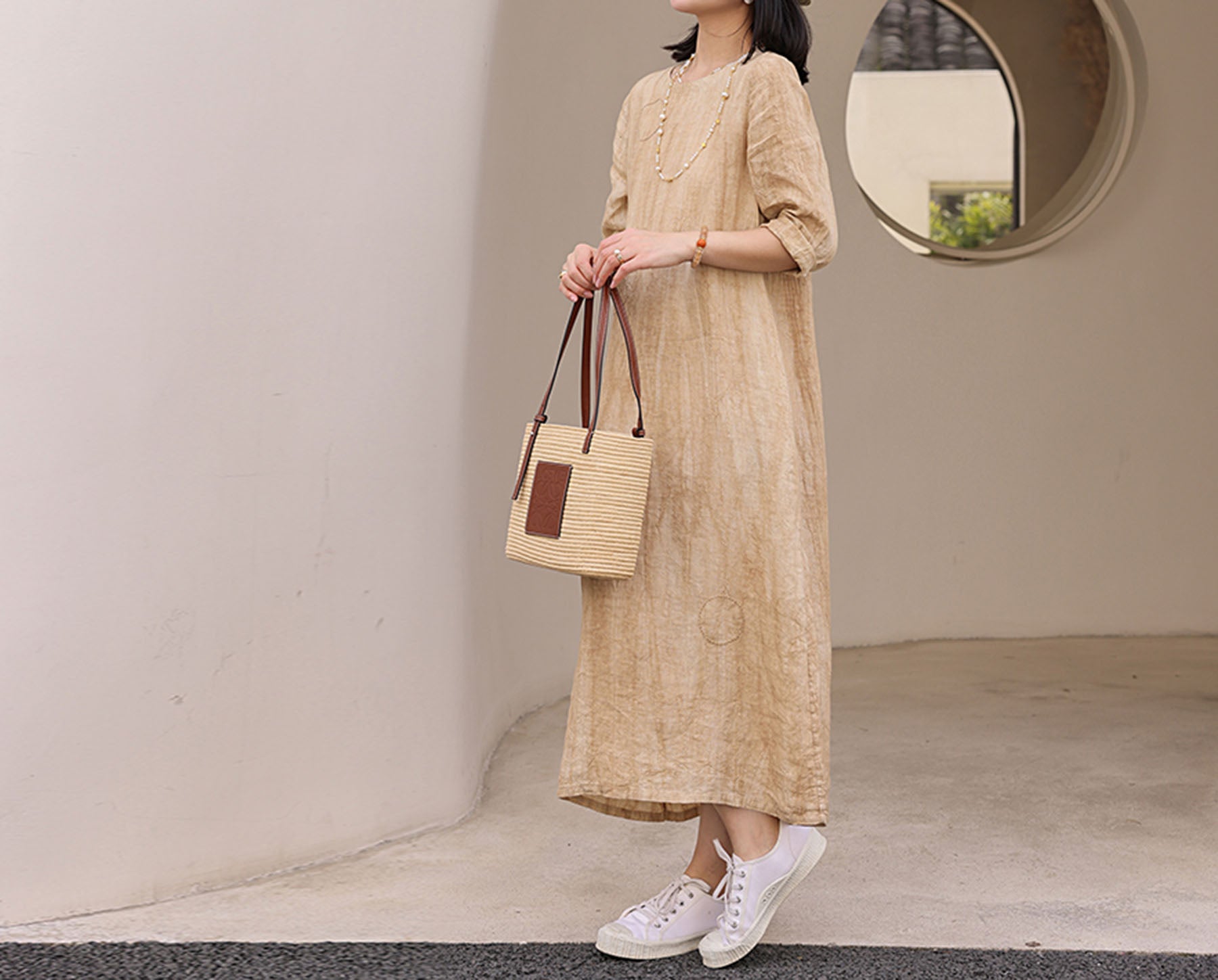 edoa Distressed Crinkled Linen A-line Dress with Hand Embroidery