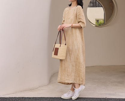 edoa Distressed Crinkled Linen A-line Dress with Hand Embroidery