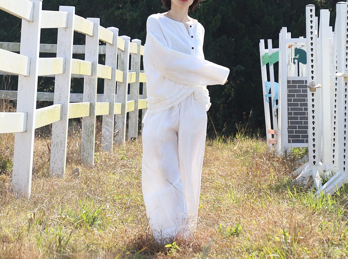 edoa White Linen Wide-leg Ruffled Resort Pants 