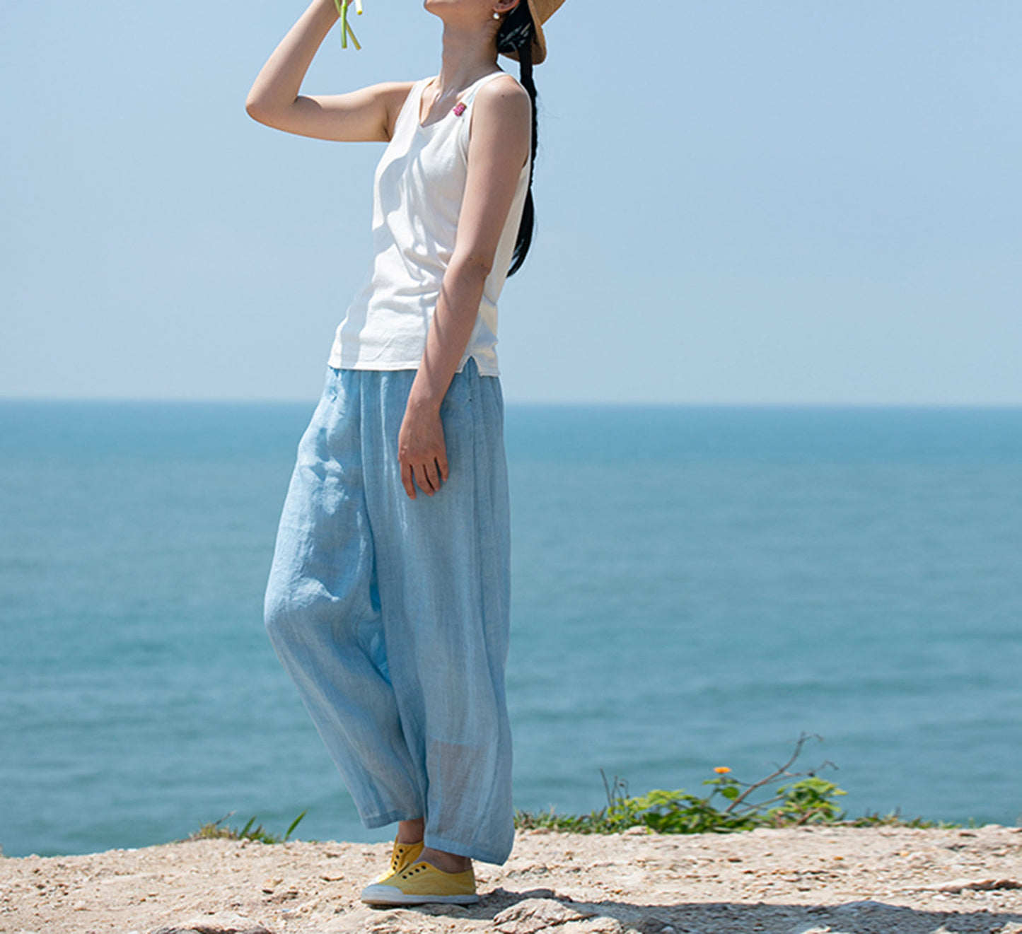 edoa Thin High Count Ramie Pintuck Waist Lantern Pants 