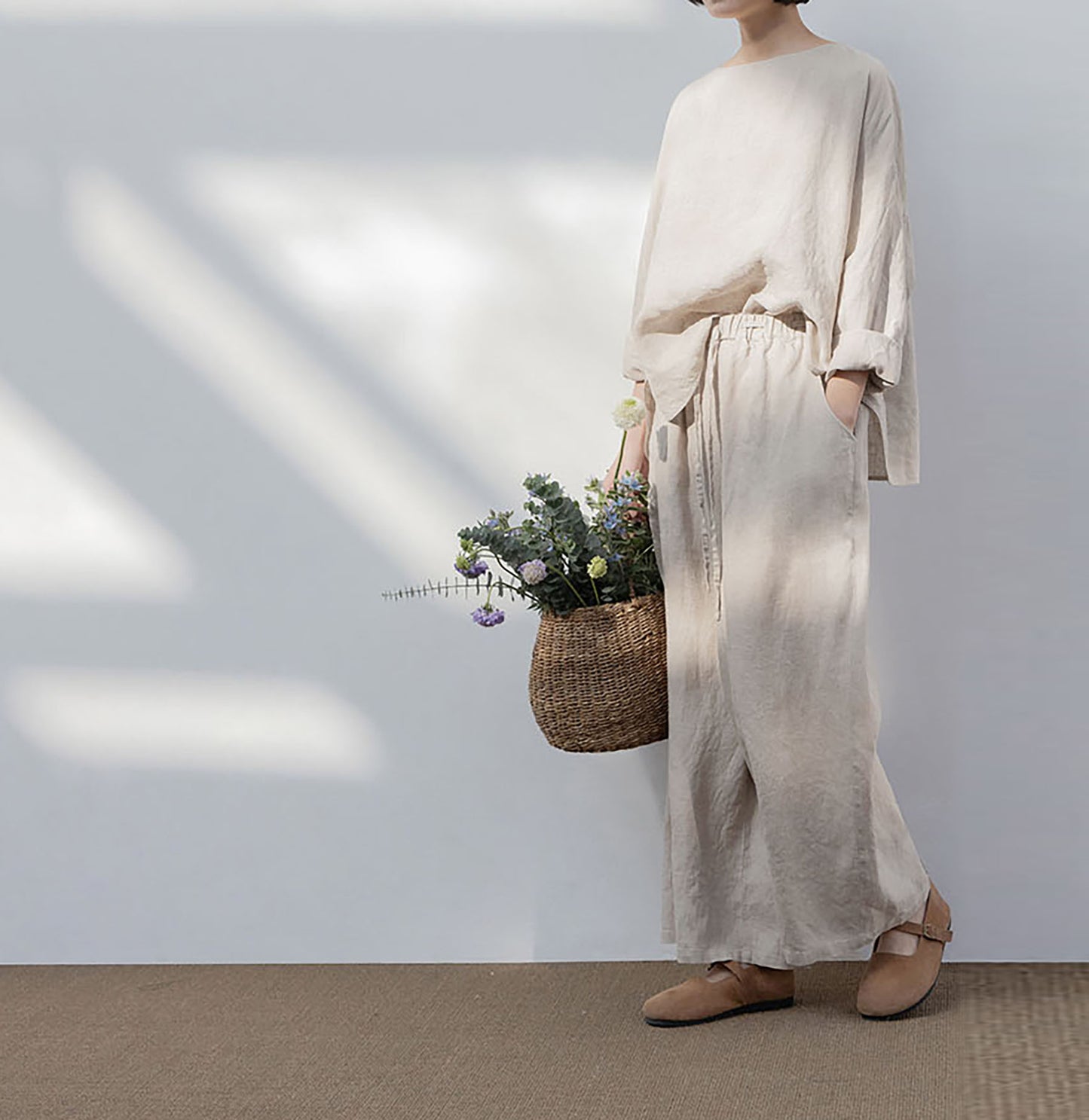 edoa Wide Leg Linen Pants with Drawstring Waist