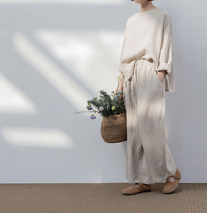 edoa Wide Leg Linen Pants with Drawstring Waist