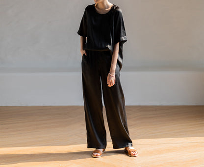 edoa Loose Fitting Mud Silk Crepe Satin Wide-leg Pants 