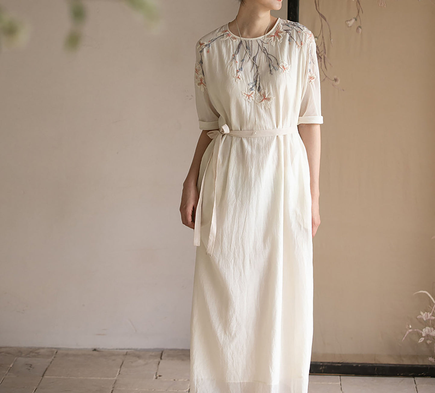 edoa Cotton Silk Blend Hand Embroidered Dress 