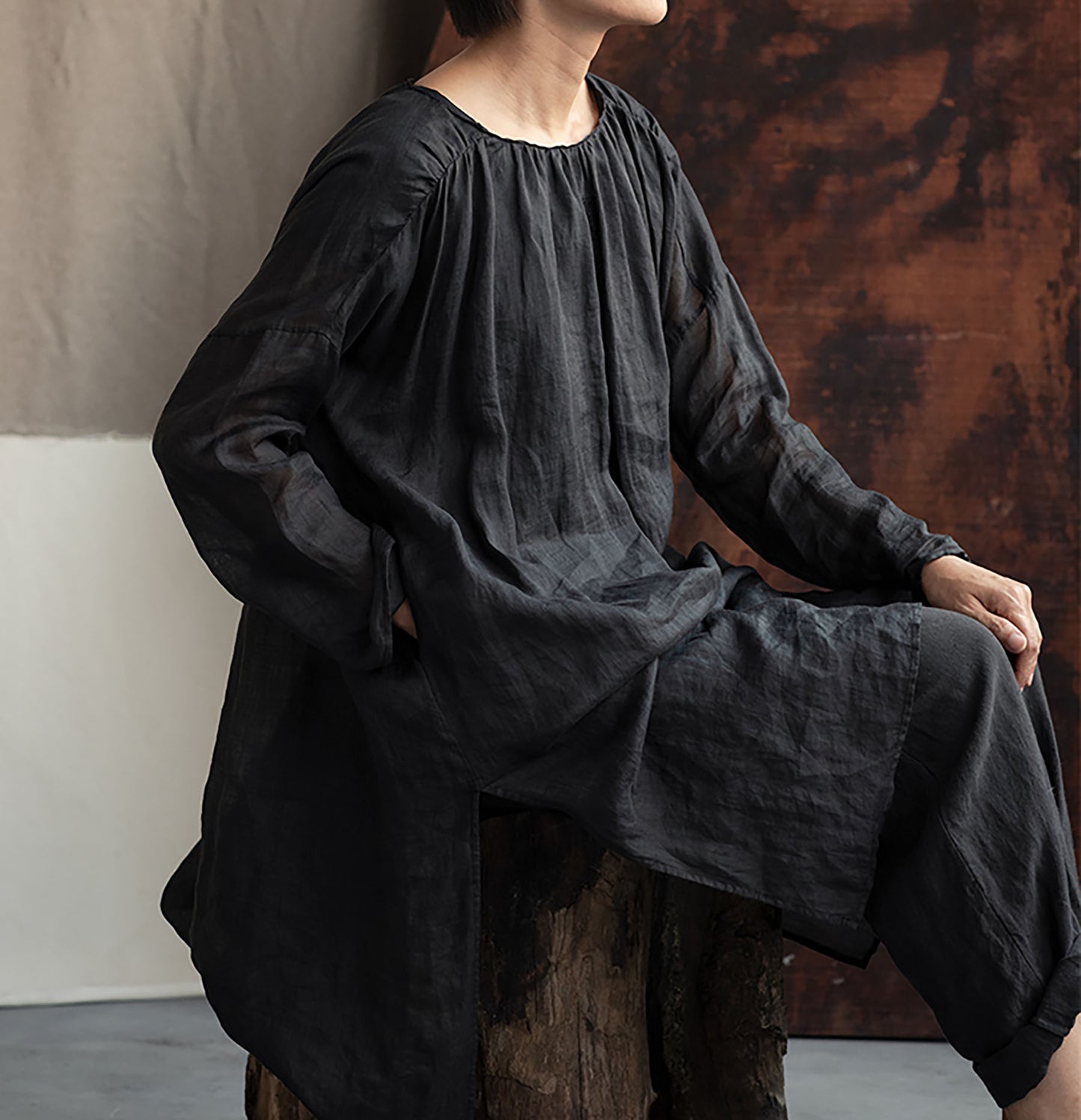 edoa Washed Ramie Gauze Gathered Tunic
