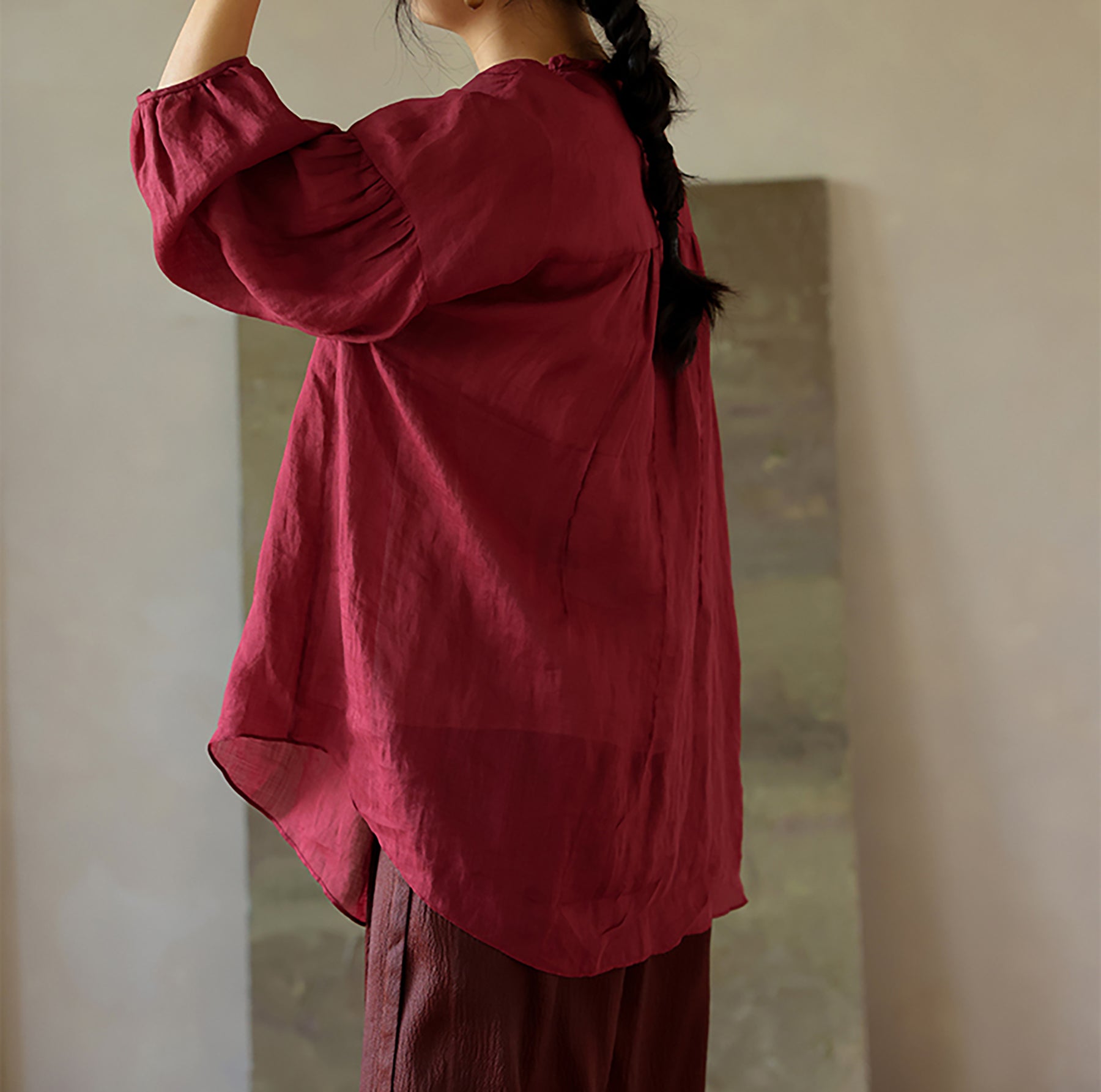 edoa Thin Ramie Pintuck Poet Blouse