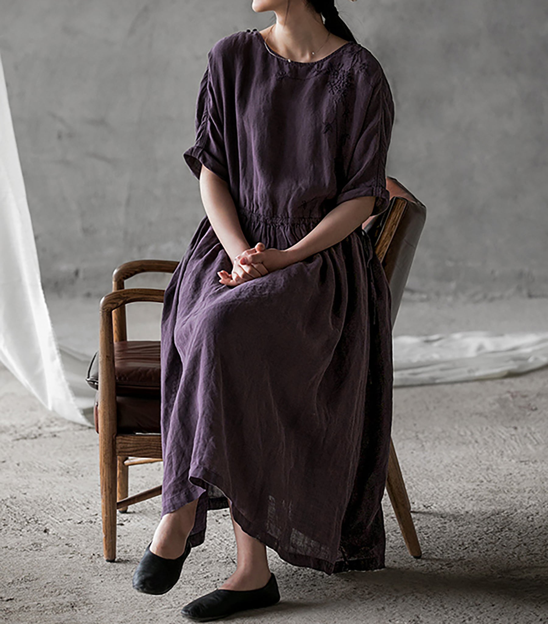 edoa Light Weight Linen Dress with Hand Embroidery