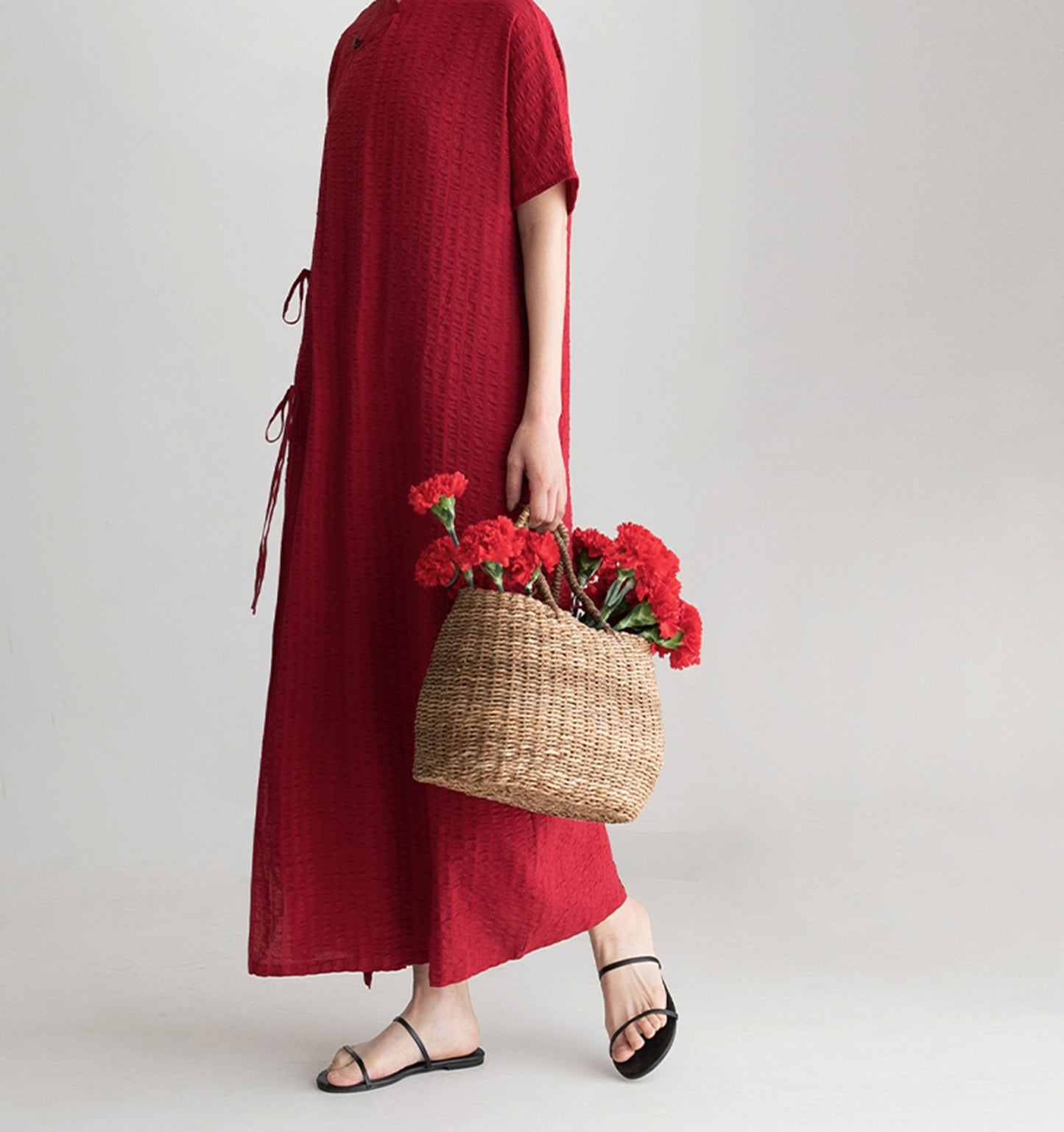 edoa Scarlet Crinkled Stripe Linen Blend Qipao Dress