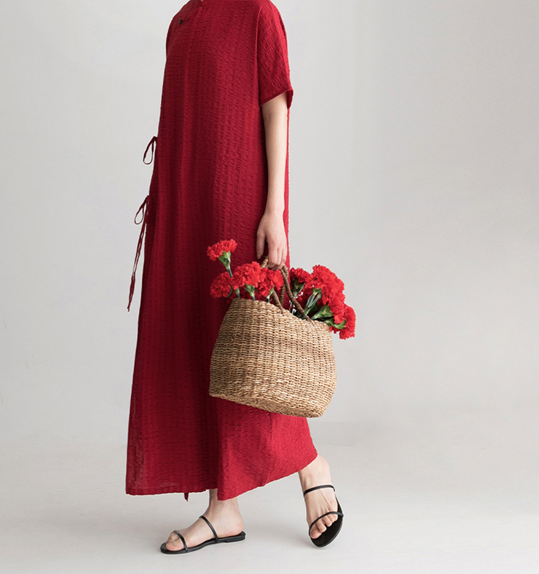 edoa Scarlet Crinkled Stripe Linen Blend Qipao Dress