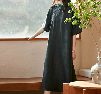 edoa Loose Fitting Cracked Mud Silk Half Sleeve Qipao