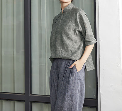 edoa Yarn Dyed Linen Chinese Shirt