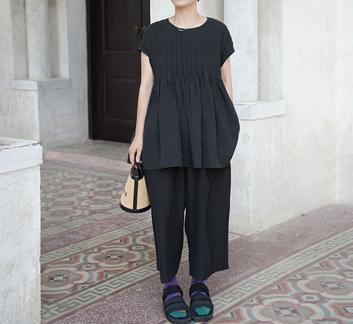 edoa Hand Pintucked Cracked Mud Silk Charmeuse Blouse