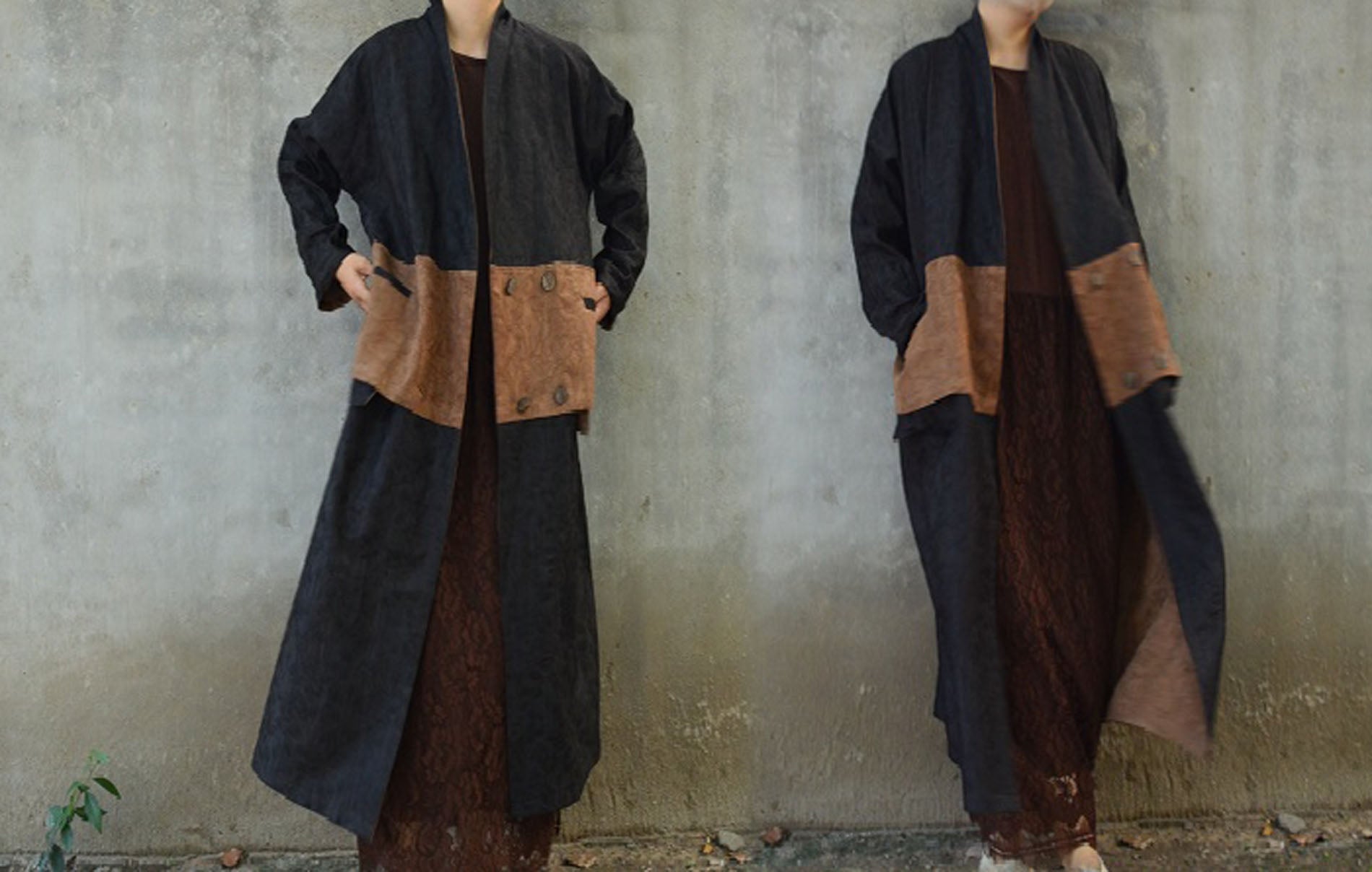 edoa Reversible Double Layer Mud Silk Linen blend Coat 