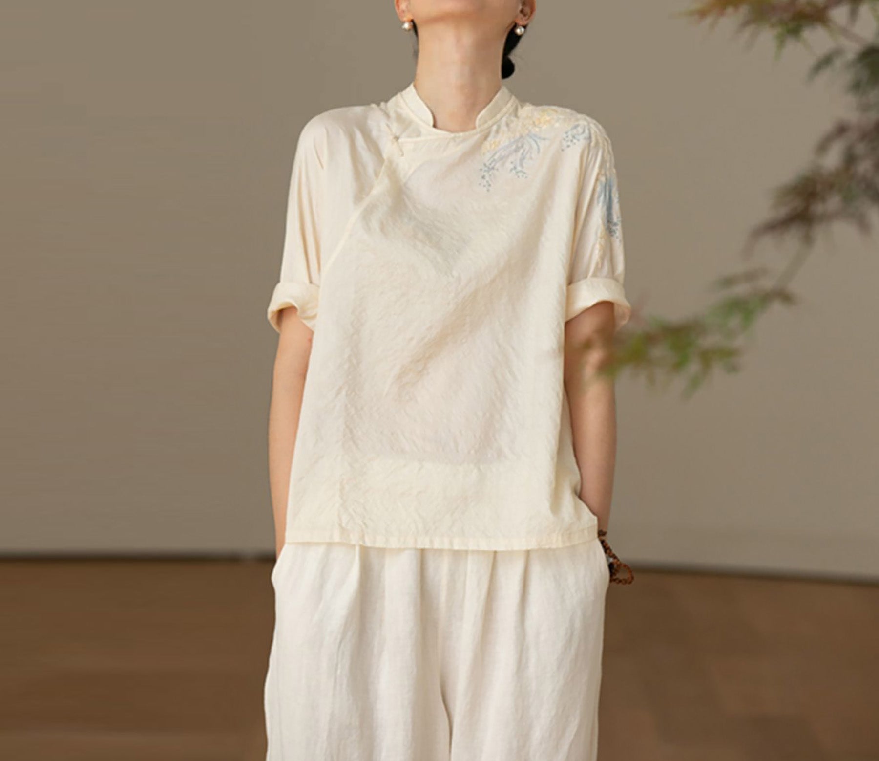 edoa Tussah Silk Hand Embroidery Chinese Blouse