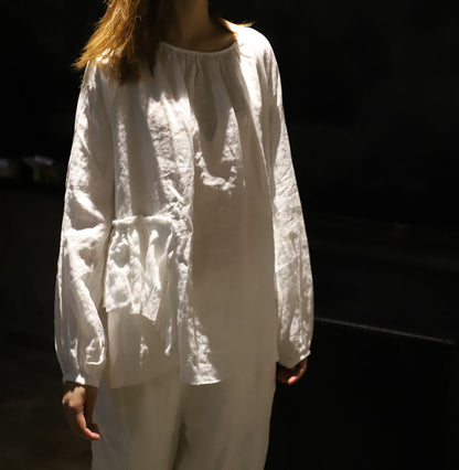 edoa White French Linen 2-way Ruffle Poem Tunic