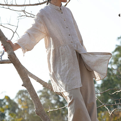 edoa Flax Linen Blouse with Ruffled Hem