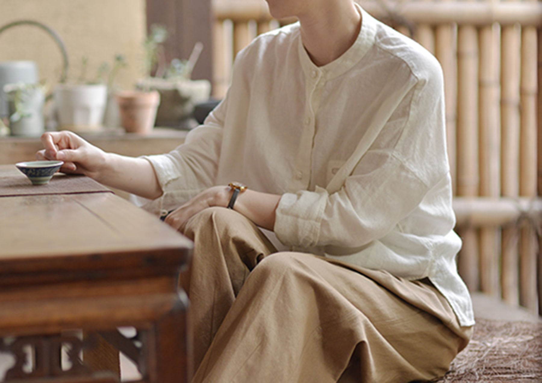 edoa Stand Collar Linen Chinese Shirt 