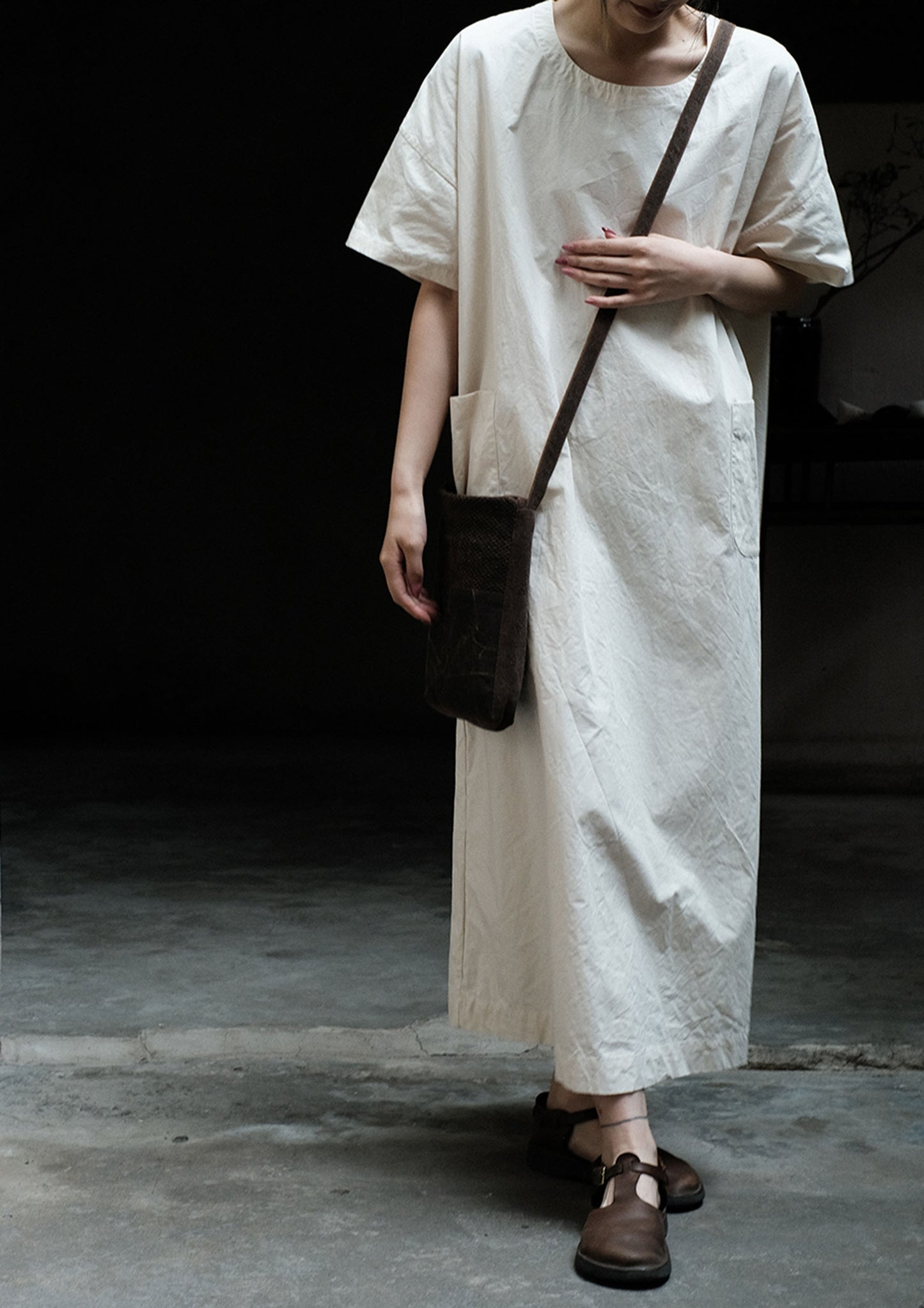 edoa Loose Paper Cotton Minimalism Short Sleeve Dress