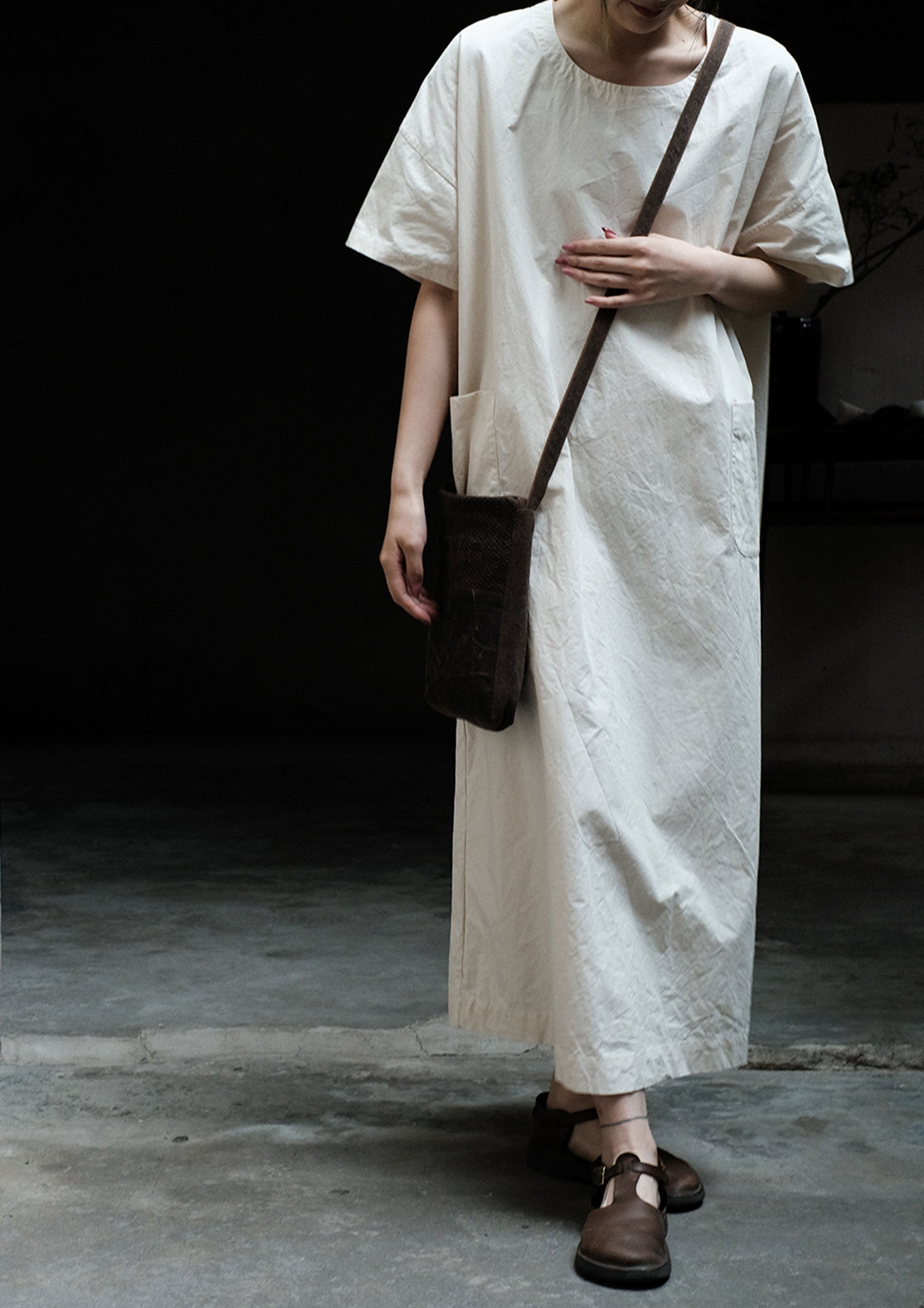 edoa Loose Paper Cotton Minimalism Short Sleeve Dress
