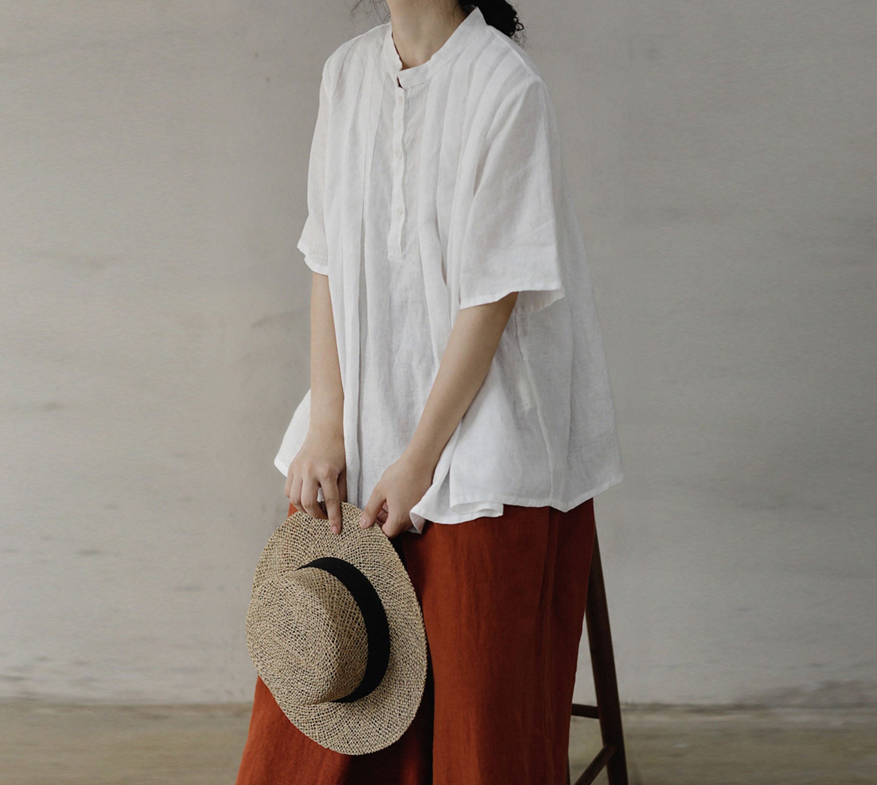 edoa White Pleated French Linen Top