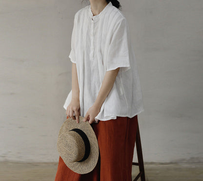 edoa White Pleated French Linen Top