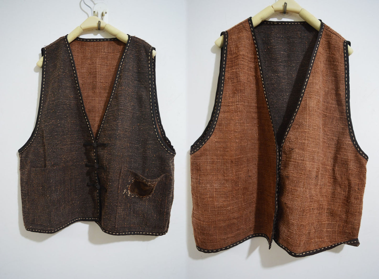 Reversible Mud Hand Spun Tussah Silk V-neck Vest to0168 A744