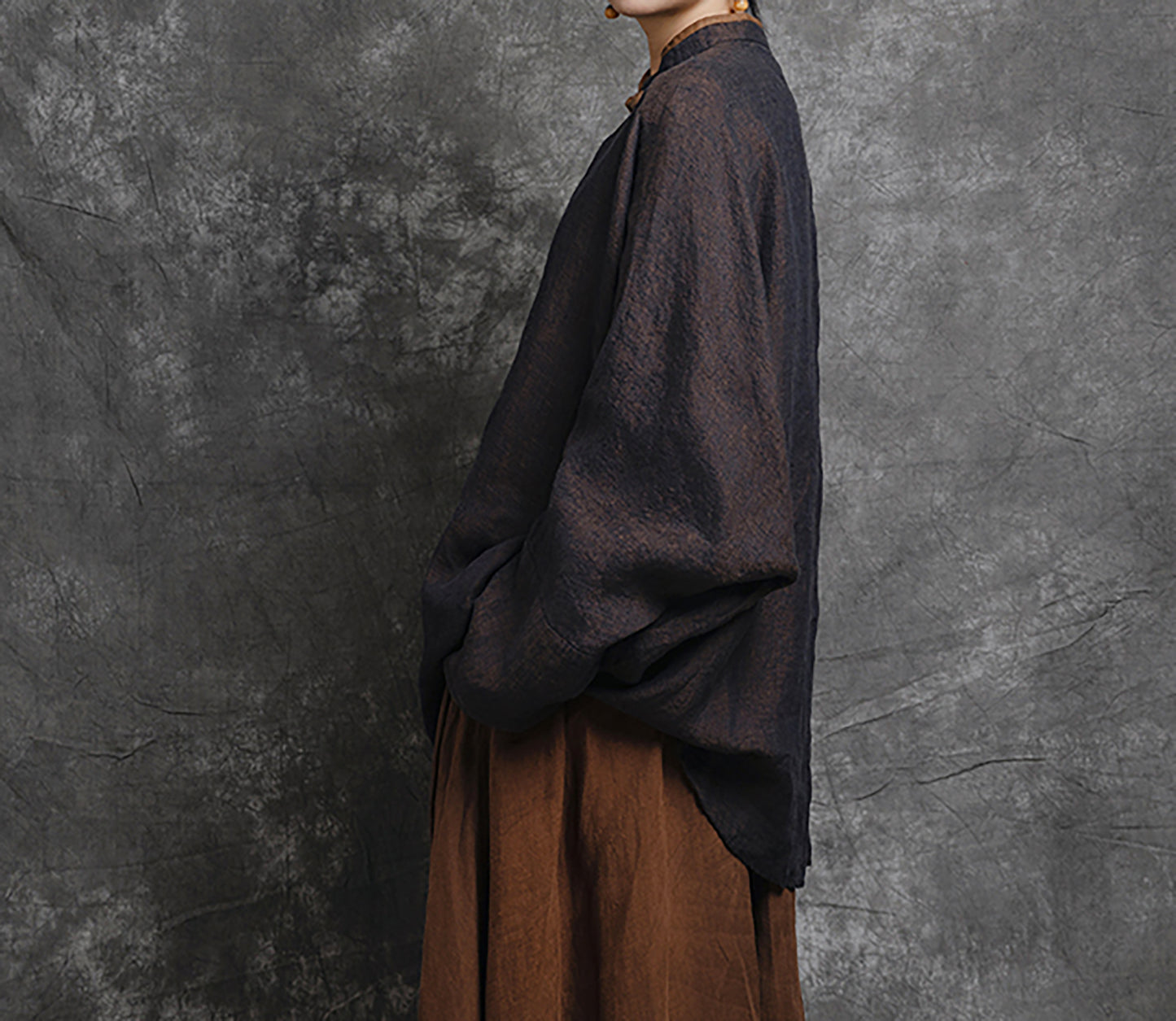 edoa Loose Yarn Dyed Linen Batwing Blouse
