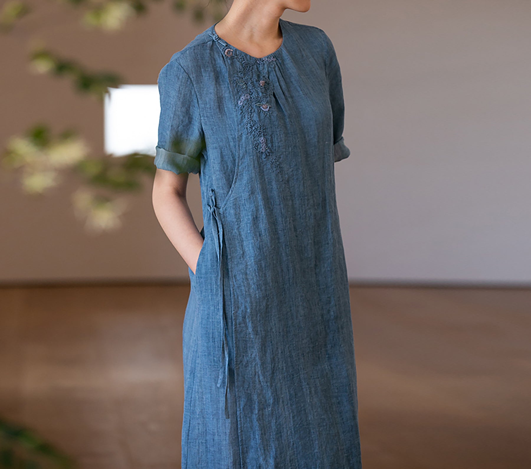 edoa Hand Embroidered Tie Dyed Ramie V-neck Chinese Dress 