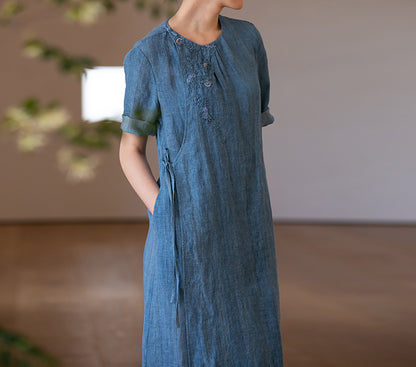 edoa Hand Embroidered Tie Dyed Ramie V-neck Chinese Dress 