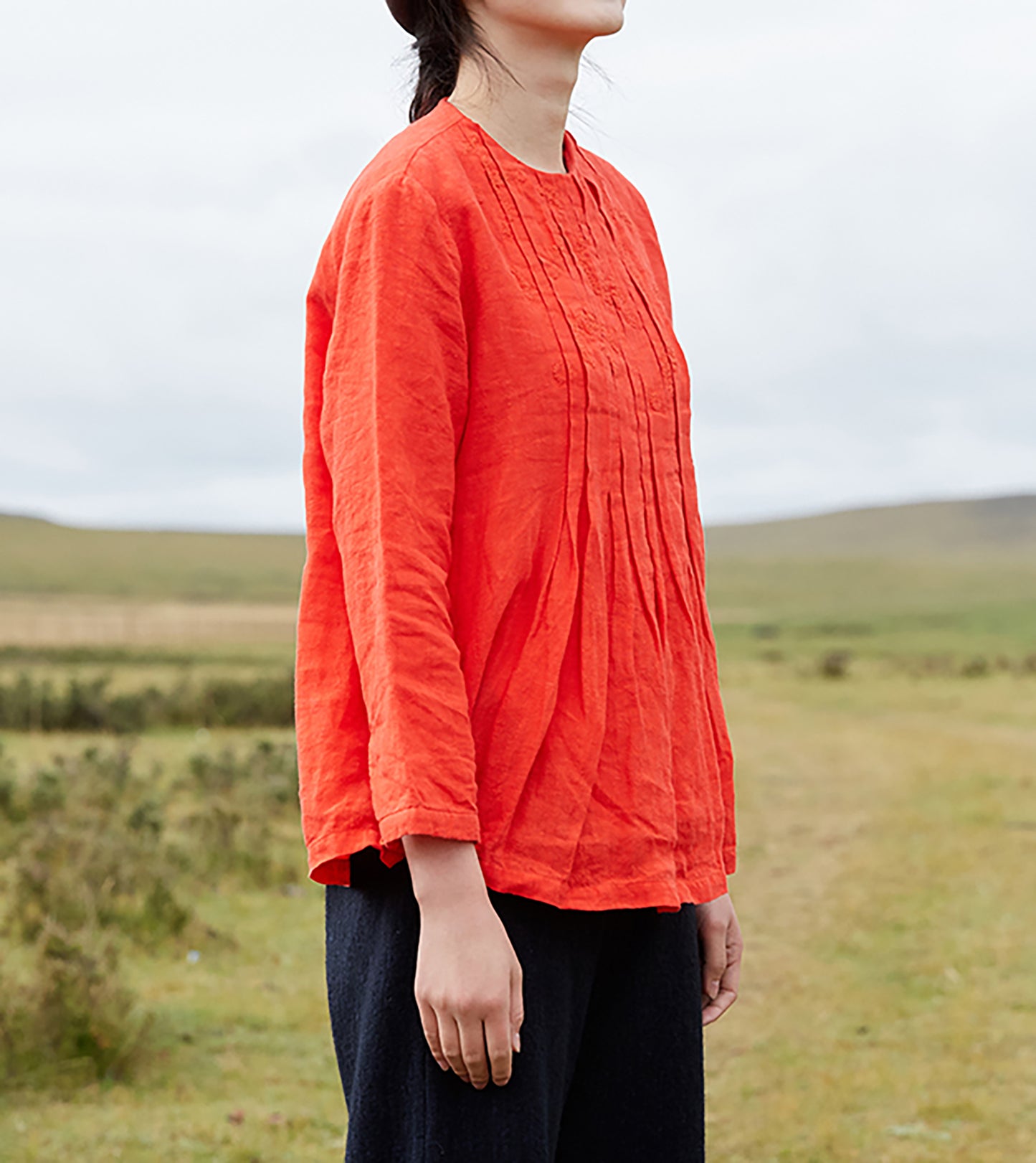 edoa Pleated Trapezed Linen Blouse with Toned Hand Embroidery
