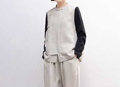 edoa Twill Flax Linen Chinese Vest 