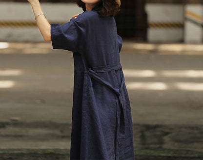 edoa Loose Pleated Linen Long Dress 