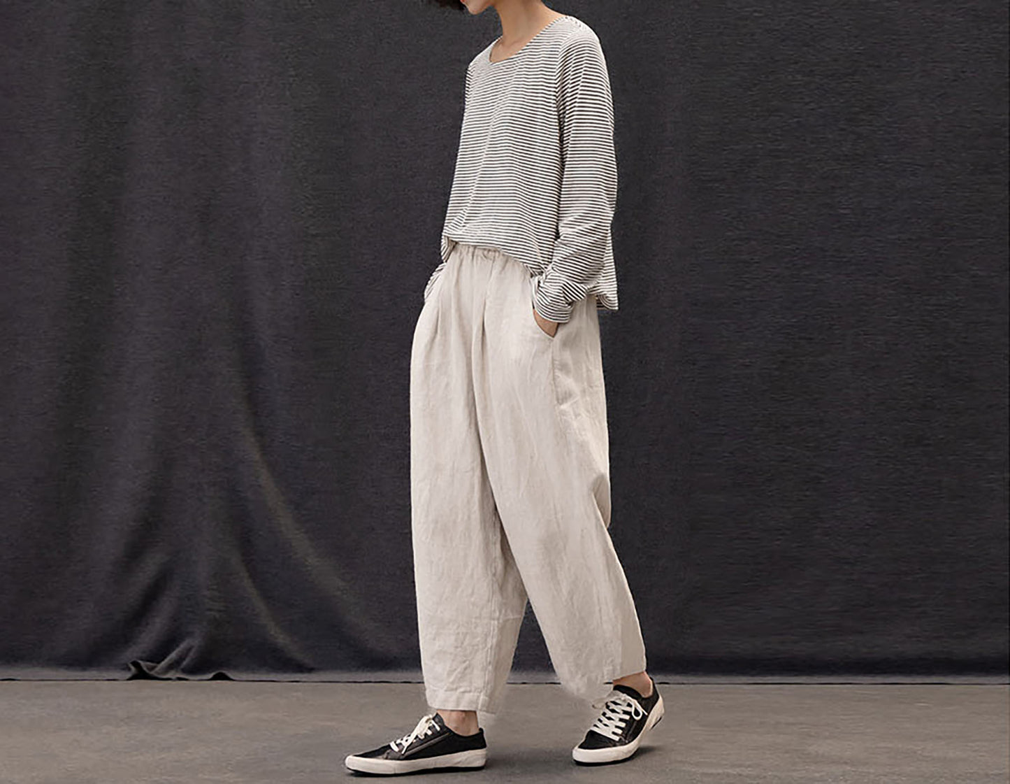 edoa Twill Flax Linen Tapered Pants with Elastic Waistband