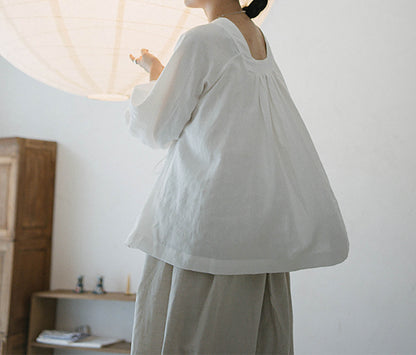 edoa Linen Puff Sleeves Blouse