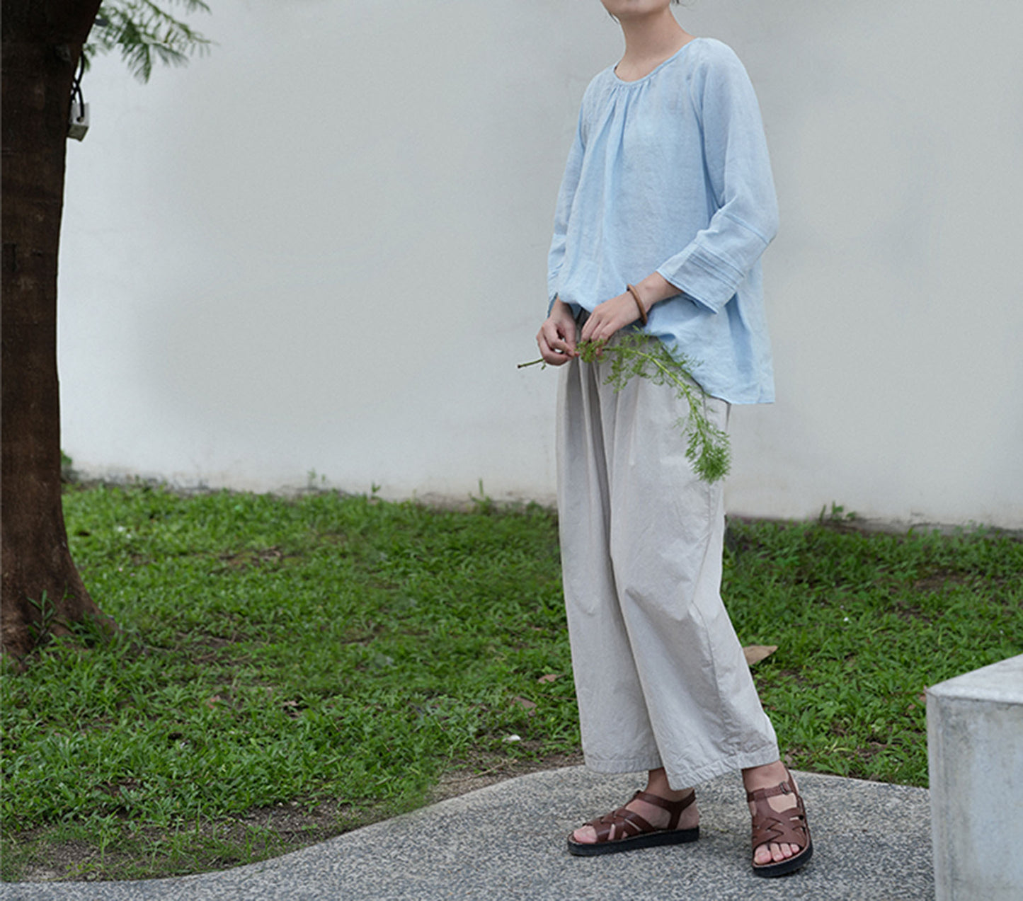 edoa Baby Blue Washed High Count Linen Blouse