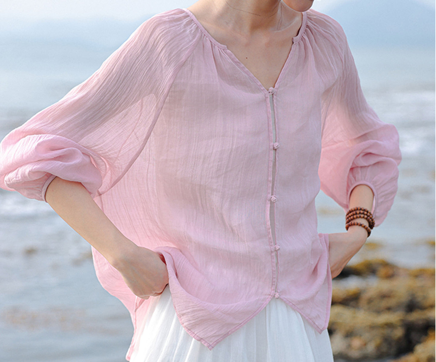 edoa Loose Pink Crinkled Ramie Rayon Blend Chinese Blouse