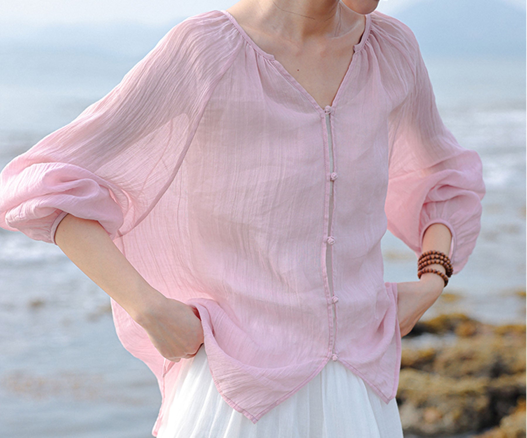 edoa Loose Pink Crinkled Ramie Rayon Blend Chinese Blouse
