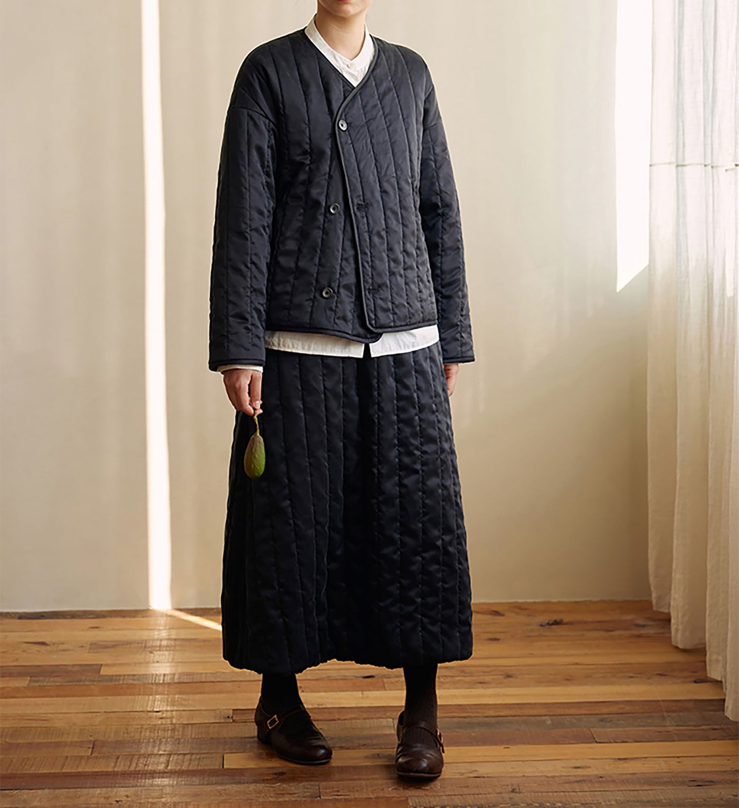 edoa Collarless Mulberry Silk Padded Overshirt