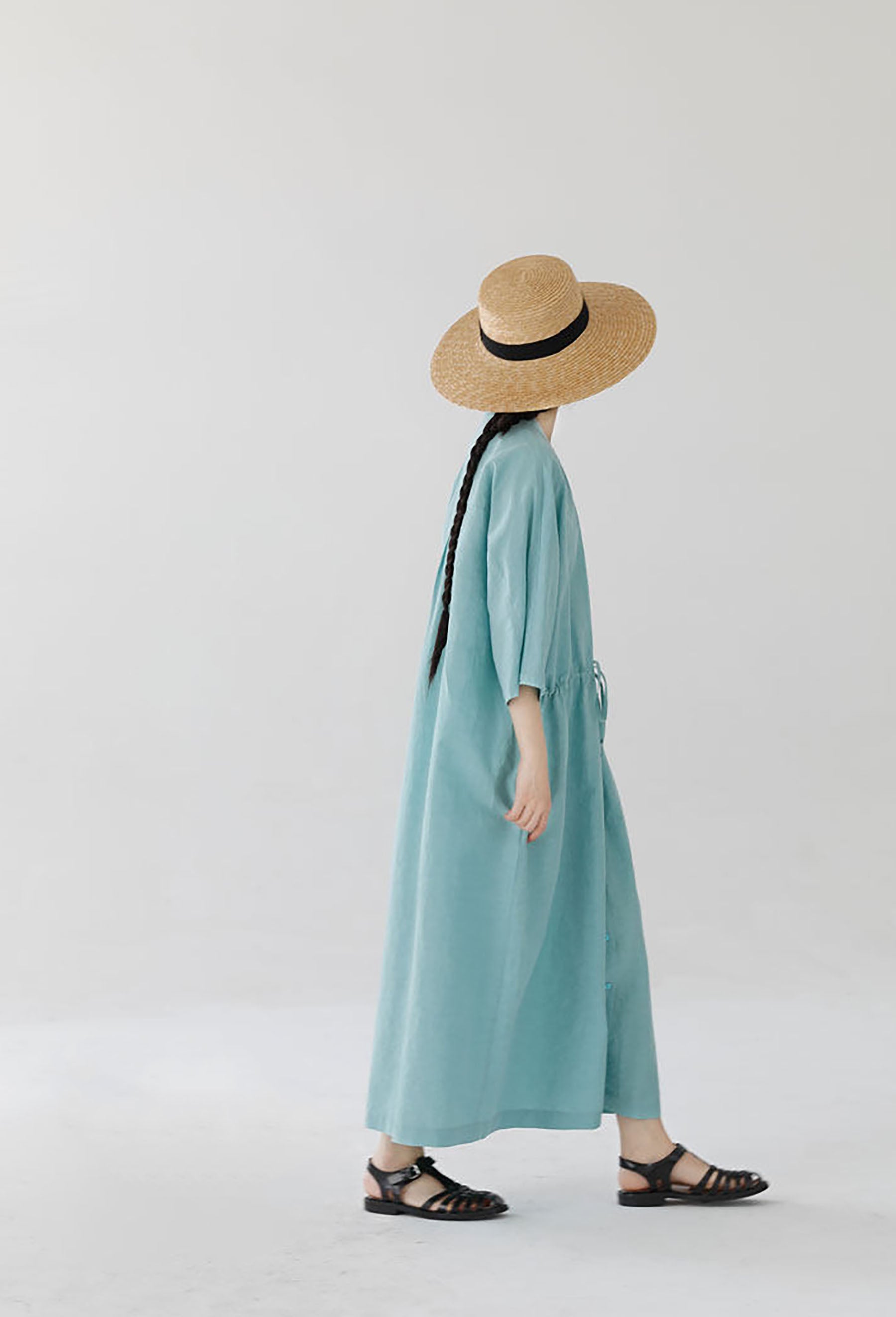 edoa Super Loose Light Blue Linen Shirtdress